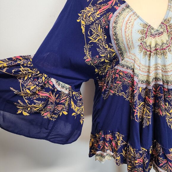 Free People Bohemian Tunic Top Size S V-Neck High Low Flare Sleeve Sunset Dreams - Picture 8 of 16